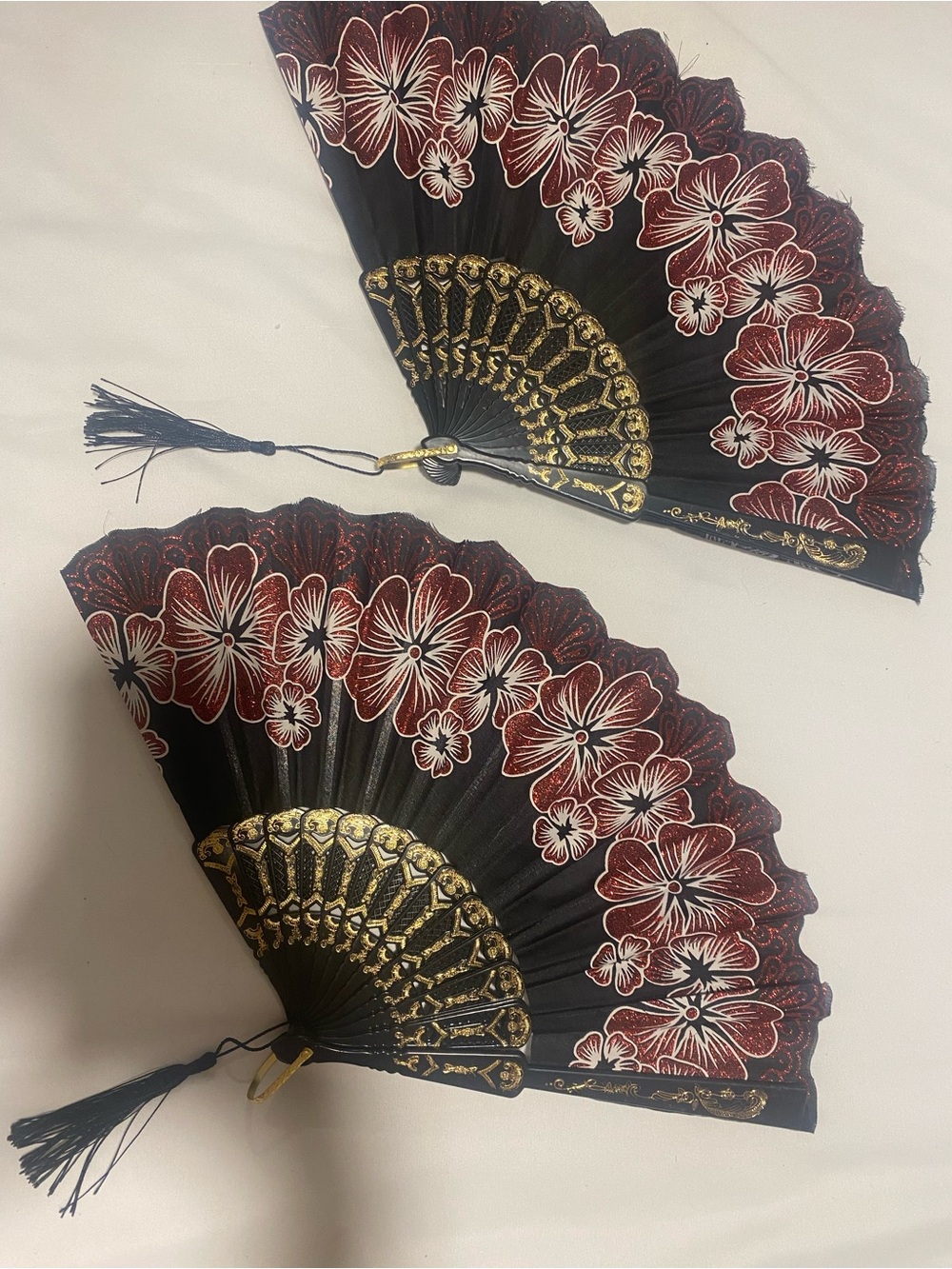 Pair Folding Hand Fans Black Red/White Floral, Gold Accents, Plastic Tassels